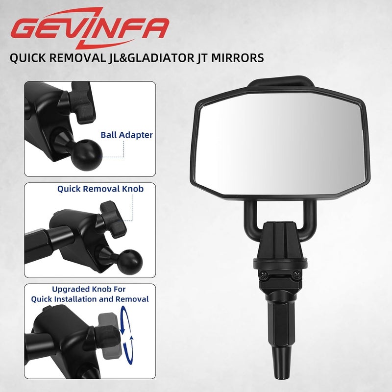 GEVINFA Upgrade Mirrors Doors Off Compatible with Jeep Wrangler JL JLU and Gladiator JT 2018-2023, Quick Release JL Mirror, No Wobble & Quick Removal knob(Not Fit 2024 2025) Patented - Image 2